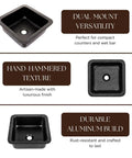 Glasgow 12-Inch Dual Mount Bar Prep Sink Hand Hammered Matte Black Aluminum Drop-In Or Undermount Kitchen Sink details