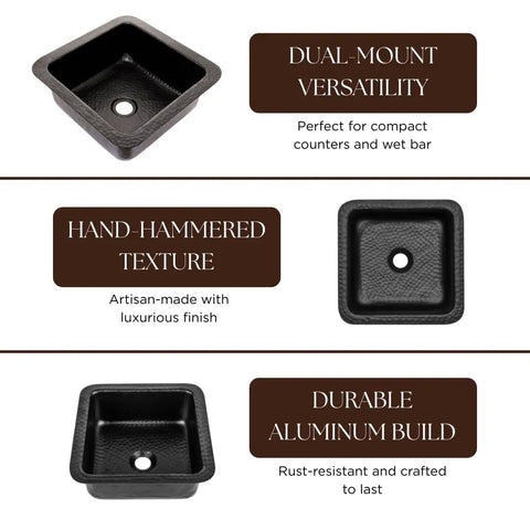 Glasgow 12-Inch Dual Mount Bar Prep Sink Hand Hammered Matte Black Aluminum Drop-In Or Undermount Kitchen Sink details