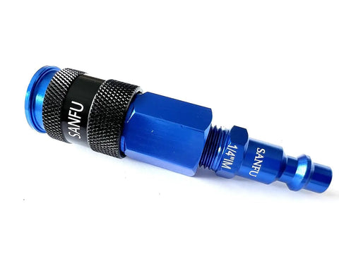 Top Shelf Aluminum Air Hose Fittings Kit Featuring Quick Connect Coupler And Industrial Air Plug One Hand Operation Rock Solid Six Ball Lock Design 1/4 Inch Blue Compressor Gear quick connect coupler and industrial air plug.