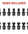Heavy Duty 18-Piece One-Half Inch Drive Shallow Universal Impact Socket Set with sizes 10-24 mm displayed