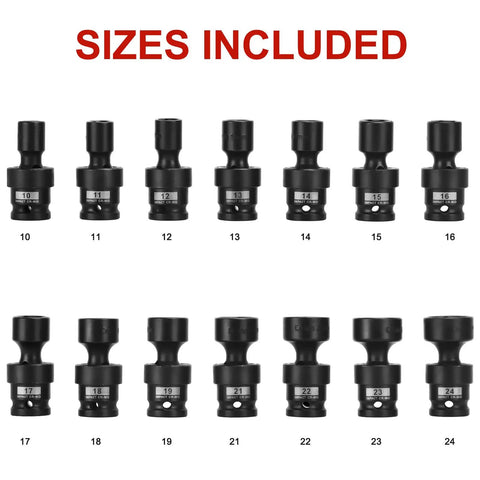 Heavy Duty 18-Piece One-Half Inch Drive Shallow Universal Impact Socket Set with sizes 10-24 mm displayed