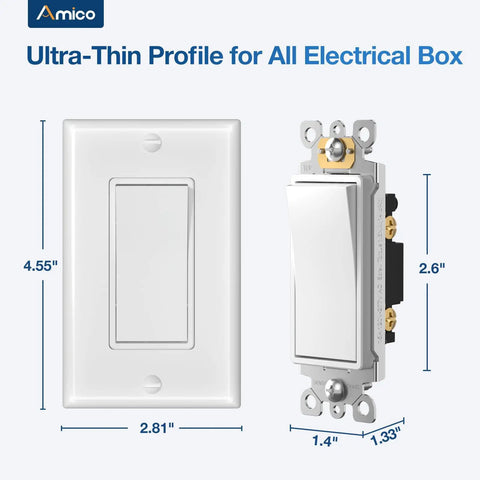 30 Pack Single Pole Light Switch With Wall Plate UL Listed 15A 120/277V shown with dimensions and white wall plate
