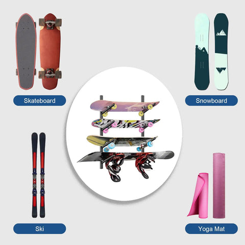 Heavy Duty Carbon Steel 4 Layer Skateboard Wall Mount Rack Snowboard Ski Display Holder Space Saving Storage for garage.