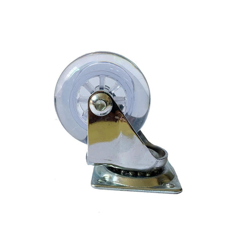 Side view of 2 Inch Heavy Duty Swivel Caster Wheels Four Pack with clear rubber wheels, top plate, and screws, 360 degree rotation.