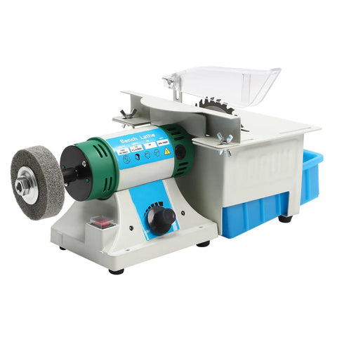 Do It All Five In One Jewelry Polisher 750W Bench Grinder with jade saw blade and fiber wheel, ideal for home workshop projects.