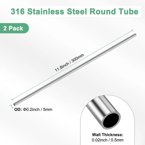 M METERXITY 316 stainless steel round tube, 2-pack; 300mm length, 5mm OD, 0.5mm wall