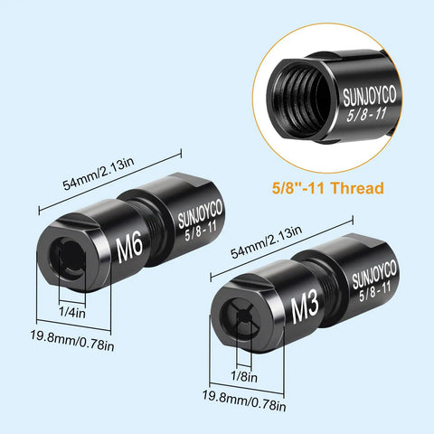 Angle Grinder To Die Grinder Adapter Kit with 5/8"-11 thread, showing two adapters for 1/8" and 1/4" shanks.