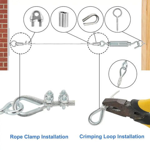 Heavy Duty Pro Grade DIY Friendly One Eighth Inch Wire Rope Kit, 100 Ft PVC Coated Galvanized Cable with installation components