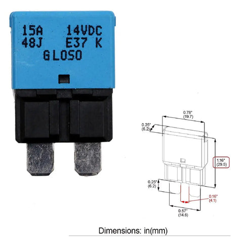 Auto Reset Atc Ato Low Profile Circuit Breaker Kit 12V Dc with detailed dimensions and specifications for automotive use.