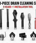 10-Piece Drain Cleaning Set including 9 heads and 1 installation tool for Heavy Duty 16Mm Drain Cleaner Cutter Head Set.