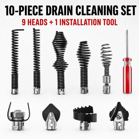 10-piece drain cleaning set with 9 heads and 1 installation tool, designed for effective unclogging.