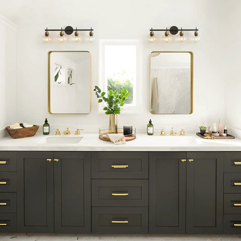 Black And Gold 4 Light Vanity Lights With Clear Globe Shade For Farmhouse Modern Bathroom Over Mirror, bright space view