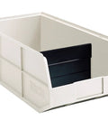 Heavy Duty Plastic Stacking Storage Bins In Beige Featuring A Six Pack Bundle With Reinforced Structural Frames For Rock Solid Load Support And Top Shelf Garage Organization System, side view showing storage bin.