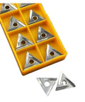Top Grade 10 Piece Indexable Carbide Lathe Tool Set Featuring TNMG160404R-2G Metal Ceramic Triangle Blades in yellow storage case.