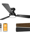 42 Inch Black Ceiling Fan With Light And Remote Control Noiseless Reversible Motor 6CCT Dimmable Timable Flush Mount