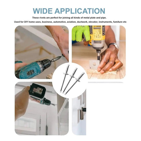 Large Flange Aluminum Blind Rivets Set For Quick Fixes Pop Rivet Kit 4.8mm Diameter 16mm Grip in use with drills