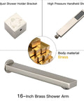 Components of Rain Shower System Wall Mounted High Pressure Rainfall Shower Faucet In Brushed Nickel Finish, including brass shower arm.