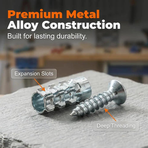 Heavy Duty 6X14MM Short Expansion Screw Set Rock Solid Wall Anchors for Door Hinge Thread Repair. Expansion slots and deep threading visible.