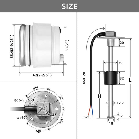 Dimensions diagram of Stainless Steel Fuel Sender Unit for Boats and RVs, Water and Fuel Level Sensor with Gauge, 8.8 Inch Tank Sender.