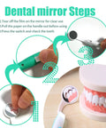 2 Pack LED Dental Mirror With Light For Easy Teeth Inspection, Anti Fog, Curve Angle Design, Bright LED Illumination, ABS Handle, Simple On Off Switch, Ideal For Home Or Office Dental Care, Green close-up steps and mirror use