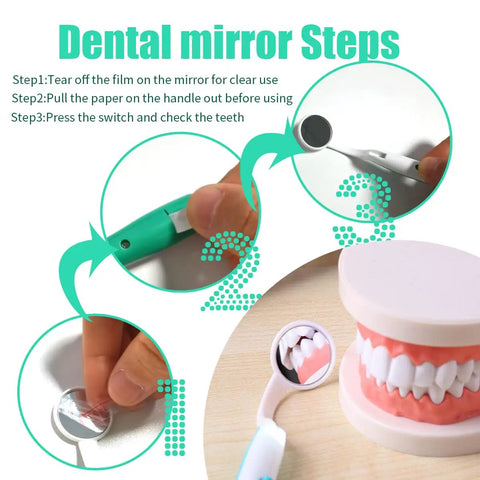 2 Pack LED Dental Mirror With Light For Easy Teeth Inspection, Anti Fog, Curve Angle Design, Bright LED Illumination, ABS Handle, Simple On Off Switch, Ideal For Home Or Office Dental Care, Green close-up steps and mirror use
