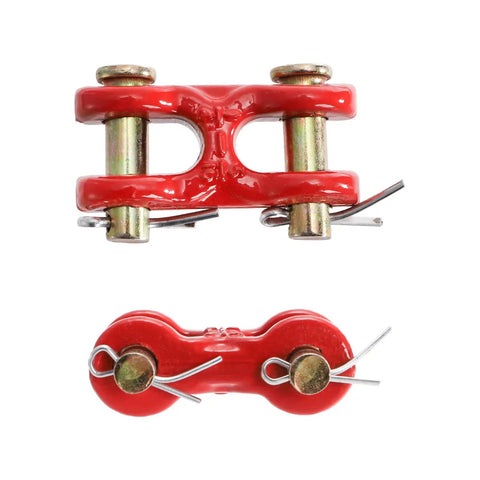 Six Pack 5/16 Inch G70 Zinc Plated Heavy Duty Trailer Tie Down Twin Clevis Links shown from top and bottom angles.