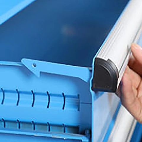 Close-up of Hella Compact Metal Tool Chest Featuring A Knockout Lock And Heavy Duty Steel Frame, showcasing the edge and latch.