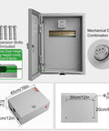 Badass Wall Mount EV Charger Cover And Outdoor Lock Box With Hardened Steel Shell showing internal dimensions and combination lock.