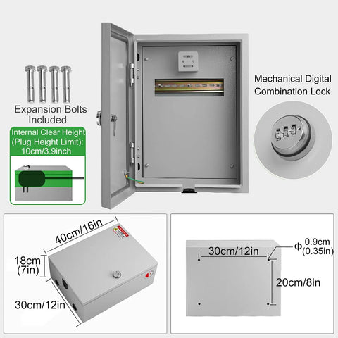 Badass Wall Mount EV Charger Cover And Outdoor Lock Box With Hardened Steel Shell showing internal dimensions and combination lock.