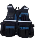 Industrial Grade Heavy Duty Adjustable Work Vest Multi Pocket Utility Carry For Plumbers Electricians Carpenters Smart Storage Pockets Tough As Nails Black Blue with tool pockets and mesh design.
