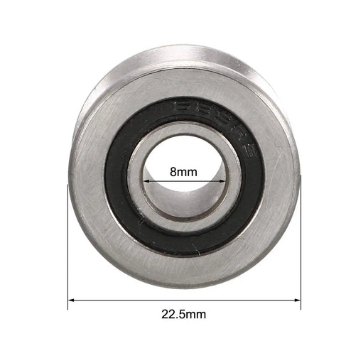 T22 V Groove Ball Bearing built to slack off friction, 8mm inner diameter and 22.5mm outer diameter, for smooth rolling.
