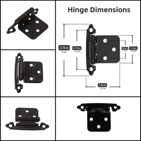 Half Inch Overlay Matte Black Cabinet Hinges Self Closing For Bath And Kitchen Cabinets 5 Pairs 10 Pieces with dimensions