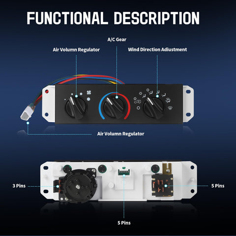 Front and back view of AC Heater Control Panel With Blower Motor Switch For 1999 2000 2001 2002 2003 2004 Jeep Wrangler TJ Right Hand Drive Climate Control Replacement 55037473AB BL101 HS373.