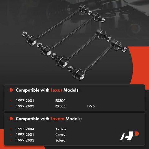Set Of 4 Front And Rear Sway Bar Links Kit Stabilizer Links For Toyota Camry 1997 2001 Avalon 1997 2004 Solara 1999 2003 Lexus RX300 1999 2003 ES300 1997 2001 Beefed Up Ride Quality, displayed with model compatibility chart