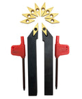 Two black 1/2-inch indexable turning tool holders with carbide inserts and red handles; gold inserts shown.