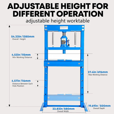 Beefy 20 Ton Hydraulic H Frame Shop Press With Adjustable Work Table And Press Plates, Heavy Duty Auto Repair Press, Blue