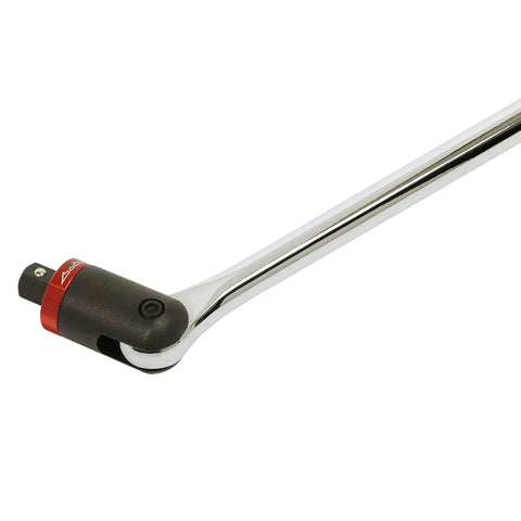 Three Eighths Inch Drive Ratcheting Breaker Bar, 15 Inch Length, features red collar and sleek chrome vanadium steel finish.