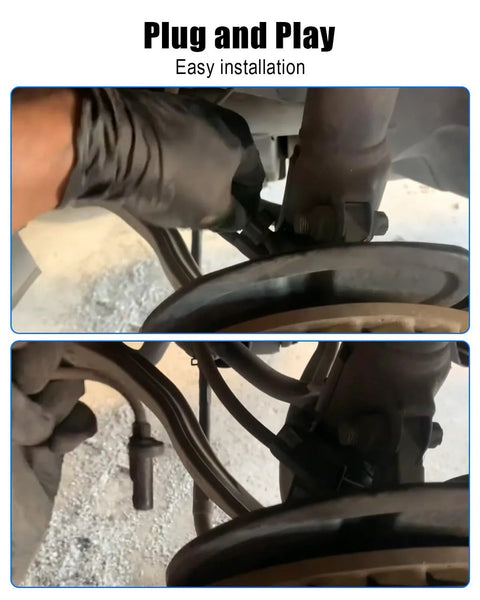 ABS wheel speed sensor: two-angle view of installation at Mercedes front wheel; gloved hand near brake rotor and wiring.