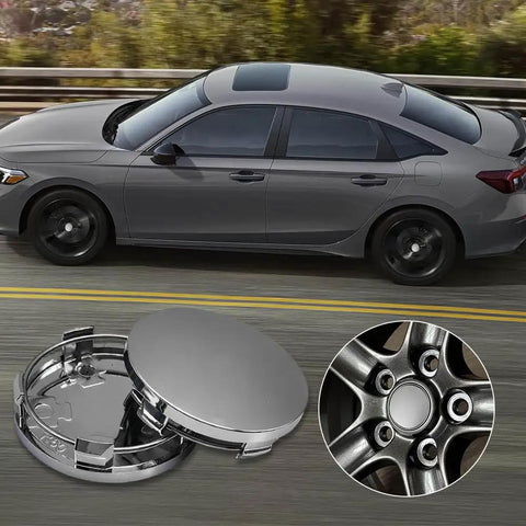 Clean 4 Piece Silver Wheel Center Caps Boast A Snappy Snap Fit And Bulletproof Abs Shield To Shut Out Road Gunk Beat Rust On Hub Studs And Keep Your Rims Looking Fresh On Daily Cruises, showcasing an ABS cap and car wheel.