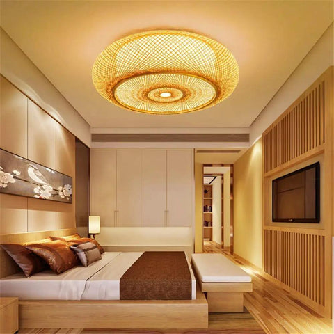 Vintage Drum Shape Bamboo Ceiling Light Flush Mount Handwoven Weave Handmade Farmhouse Style Lighting for Living Room and Bedroom Cozy Soft Glow Eco Friendly Natural Material 40cm Wide