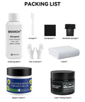 Toyota Leather Repair Kit 8-Piece Leather And Vinyl Scratch Restorer packing list with creams, sponge, gloves, and tools.