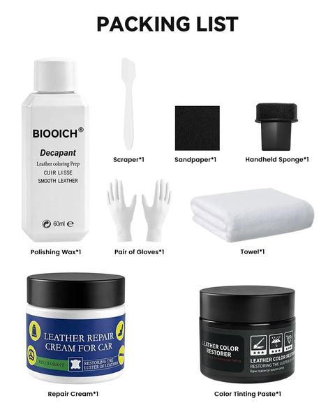 Toyota Leather Repair Kit 8-Piece Leather And Vinyl Scratch Restorer packing list with creams, sponge, gloves, and tools.