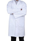 White Lab Coat Large Size Polycotton Drill Long Sleeves Concealed Front Press Stud Closures Back Vent Three Big Pockets