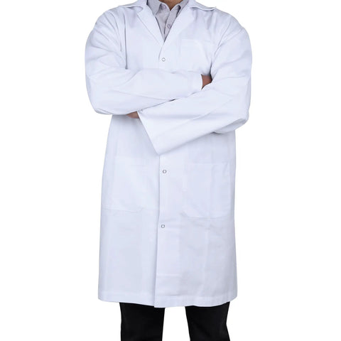 White Lab Coat Large Size Polycotton Drill Long Sleeves Concealed Front Press Stud Closures Back Vent Three Big Pockets