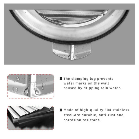 Close-up of 4-Inch Round Stainless Steel Dryer Vent Cover Grill Hood For Home Use highlighting stainless steel construction and drip catcher.