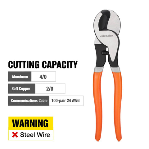 10 Inch Heavy Duty Wire Cutter Handles 4/0 Aluminum And 2/0 Copper Like A Champ Ergonomic One Hand Cable Pliers with orange handles.