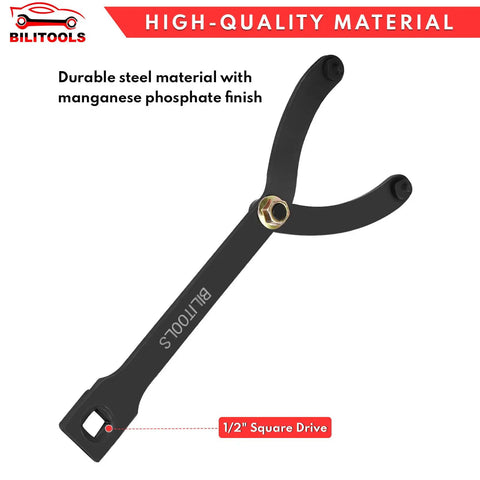 Durable steel wrench with 1/2 inch drive from Pro Grade Fifteen Piece Pulley Holder Tool Set With One Half Inch Drive And Adjustable Pin Wrench For Cars And Motorcycles, Wide Compatibility With Camshaft And Crankshaft Pulleys, Includes Variable Pins From 3.5mm To 10mm.