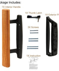 Mortise Style Reversible Sliding Patio Door Handle Set With Oak Wood Interior Handle And White Diecast Exterior Pull An Easy Swap For Your Old Door Hardware Fits 3-15/16 Inch Screw Hole Spacing Non Keyed With Latch Locks Black package contents