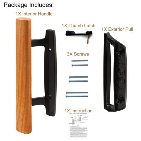 Mortise Style Reversible Sliding Patio Door Handle Set With Oak Wood Interior Handle And White Diecast Exterior Pull An Easy Swap For Your Old Door Hardware Fits 3-15/16 Inch Screw Hole Spacing Non Keyed With Latch Locks Black package contents