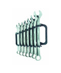 Heavy Duty Seven Piece Metric Combo Wrench Set Broad Jaws Knockout Holes Forged Chrome Steel wrenches organized in holder.